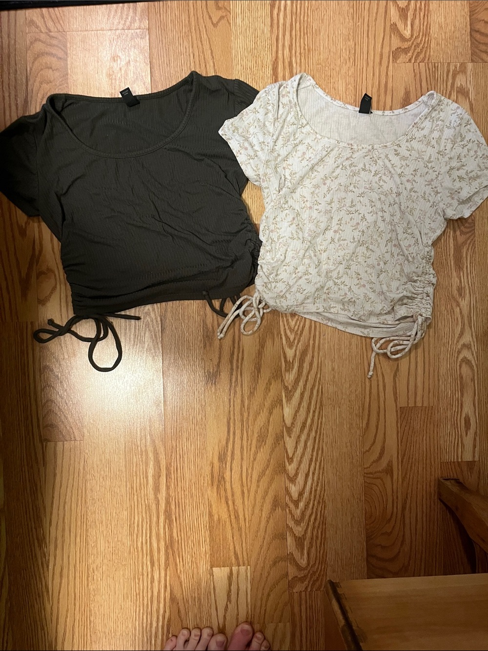 Kids Ribbed Drawstring Crop Top - Olive & Cream Floral